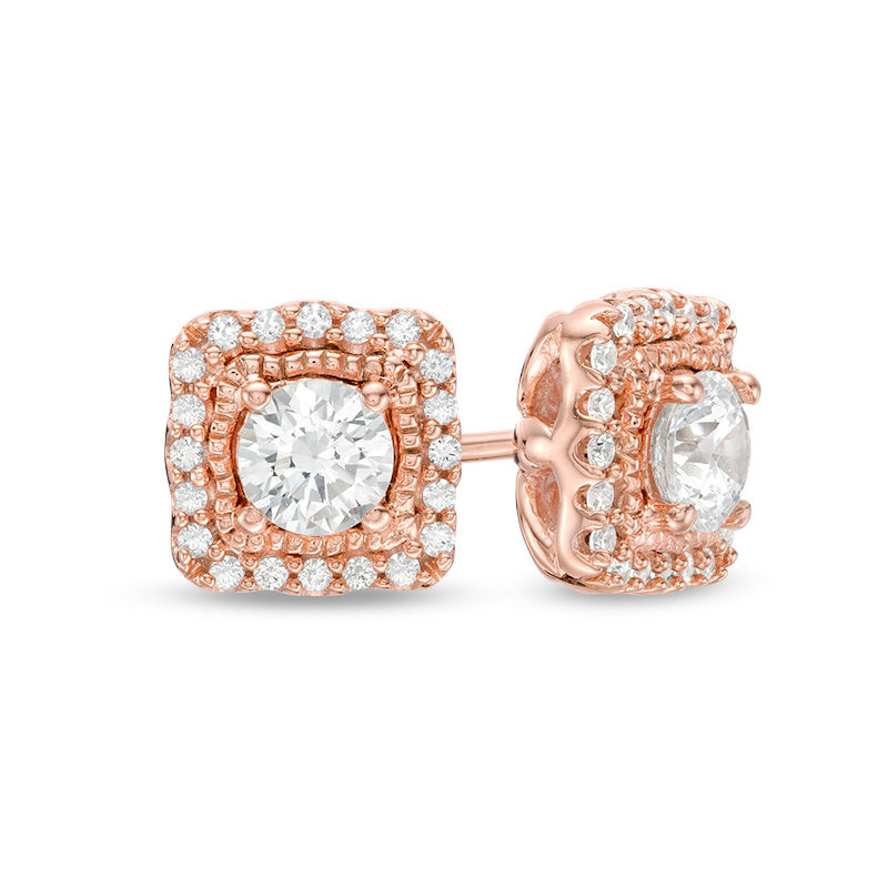 0.63 CT. T.W. Certified Canadian Diamond Cushion Frame Vintage-Style Stud Earrings in 10K Rose Gold (I/I1)