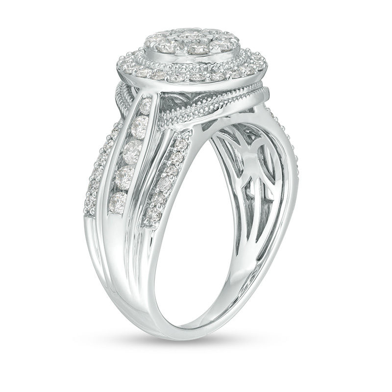 Main Image 2 of 1.00 CT. T.W. Composite Diamond Frame Multi-Row Vintage-Style Engagement Ring in 14K White Gold