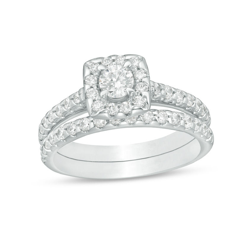 Main Image 1 of 1.00 CT. T.W. Diamond Cushion Frame Bridal Set in 14K White Gold
