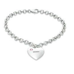 Birthstone Heart Charm Bracelet in Sterling Silver (1 Stone and Name) - 7.25"