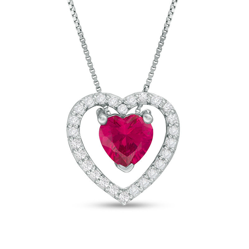 7.0mm Heart-Shaped Lab-Created Ruby and White Sapphire Frame Three-in-One Pendant in Sterling Silver