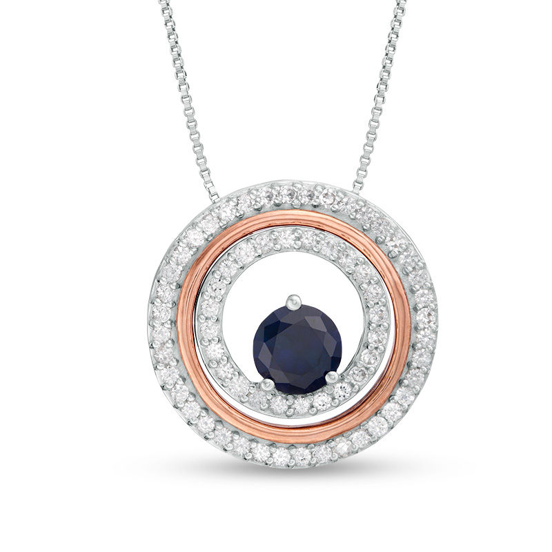 6.0mm Lab-Created Blue and White Sapphire Double Frame Three-in-One Pendant in Sterling Silver and 10K Rose Gold