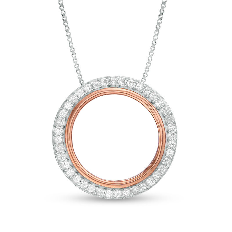 6.0mm Lab-Created Blue and White Sapphire Double Frame Three-in-One Pendant in Sterling Silver and 10K Rose Gold
