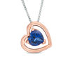 Thumbnail Image 1 of Lab-Created Blue and White Sapphire Tilted Heart in Circle Three-in-One Pendant in Sterling Silver and 10K Rose Gold