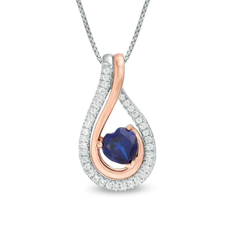 Heart-Shaped Lab-Created Blue and White Sapphire Teardrop Three-in-One Pendant in Sterling Silver and 10K Rose Gold