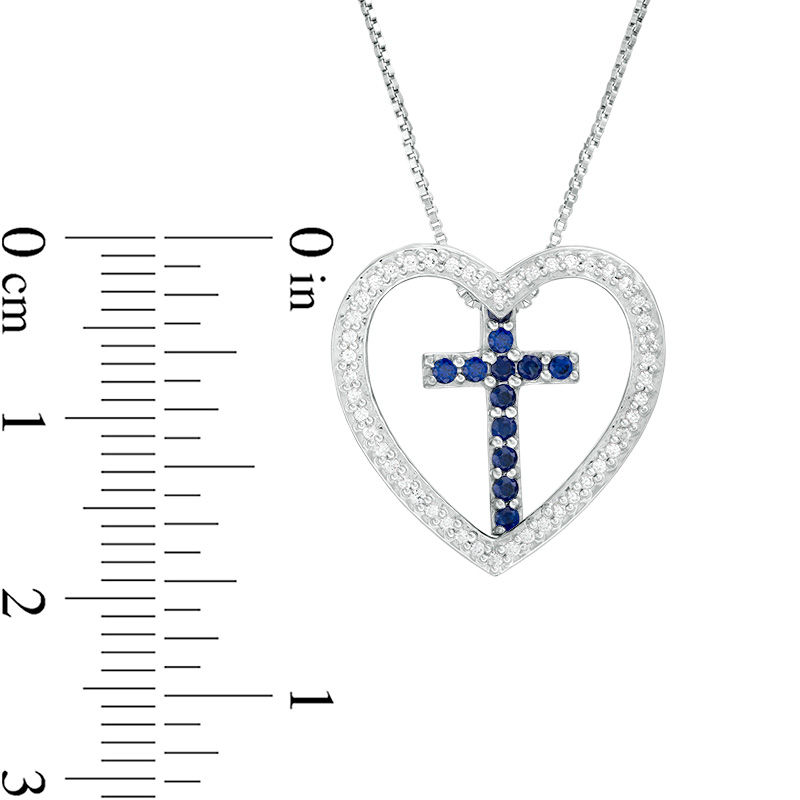 Lab-Created Blue and White Sapphire Heart Outline with Cross Three-in-One Pendant in Sterling Silver