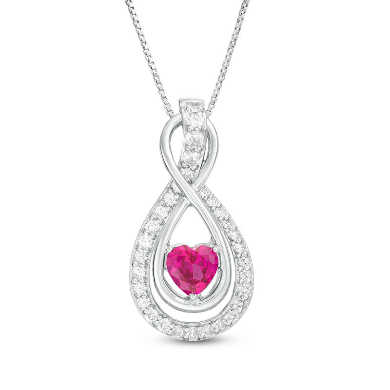 6.0mm Heart-Shaped Lab-Created Ruby and White Sapphire Infinity and Teardrop Three-in-One Pendant in Sterling Silver