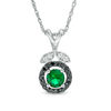 Thumbnail Image 0 of 5.0mm Lab-Created Emerald and 0.14 CT. T.W. Enhanced Black and White Diamond Leaf Top Pendant in Sterling Silver