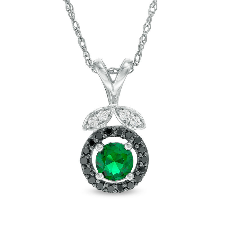 5.0mm Lab-Created Emerald and 0.14 CT. T.W. Enhanced Black and White Diamond Leaf Top Pendant in Sterling Silver