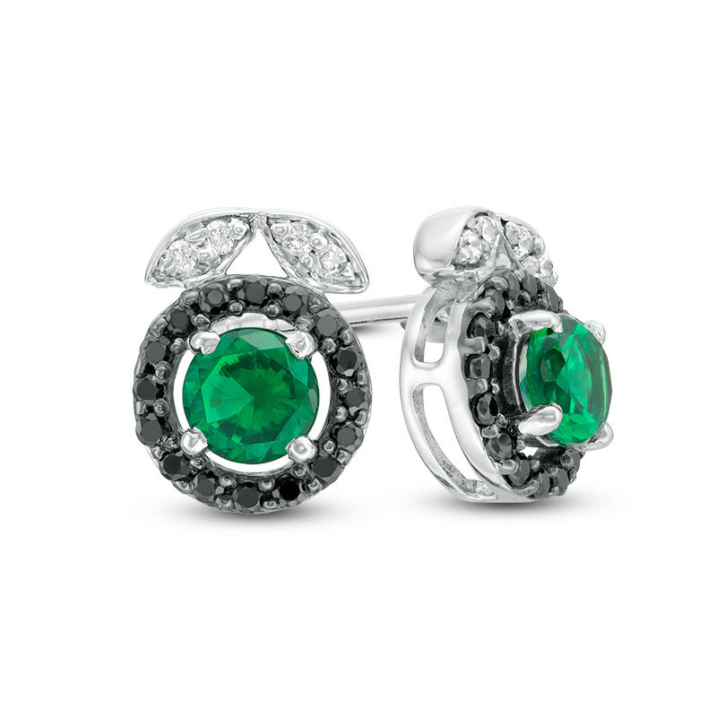 4.0mm Lab-Created Emerald and 0.18 CT. T.W. Enhanced Black and White Diamond Leaf Top Stud Earrings in Sterling Silver