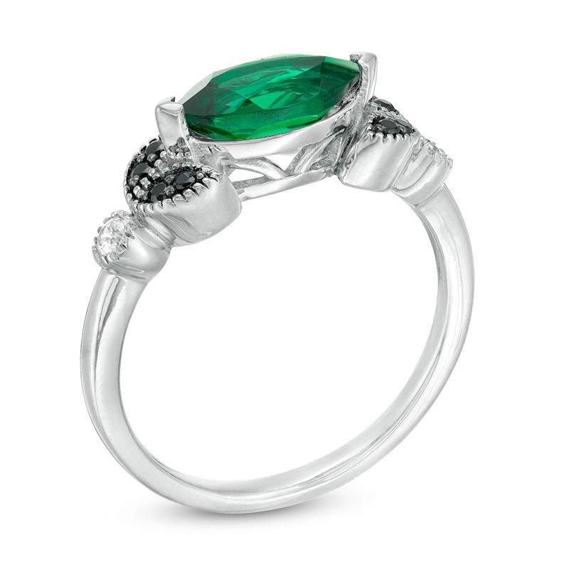 Sideways Marquise Lab-Created Emerald and 0.085 CT. T.W. Enhanced Black and White Diamond Leaves Ring in 10K White Gold