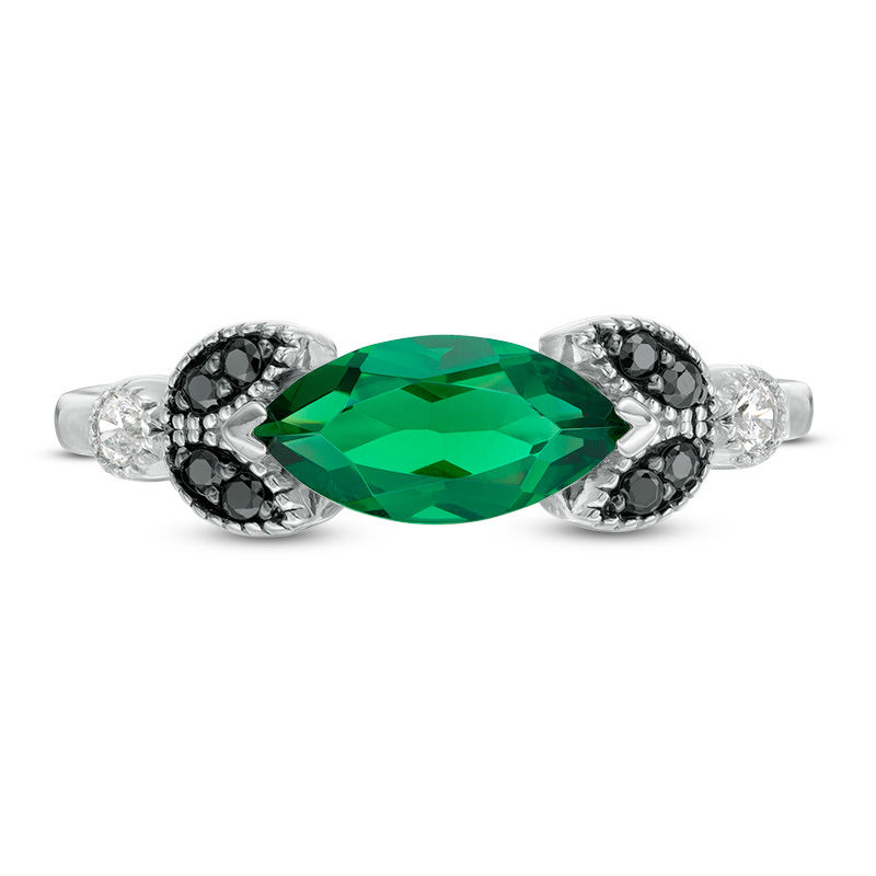 Sideways Marquise Lab-Created Emerald and 0.085 CT. T.W. Enhanced Black and White Diamond Leaves Ring in 10K White Gold