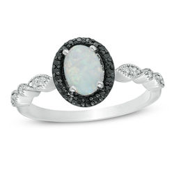 Oval Lab-Created Opal and 0.14 CT. T.W. Enhanced Black and White Diamond Frame Ring in Sterling Silver