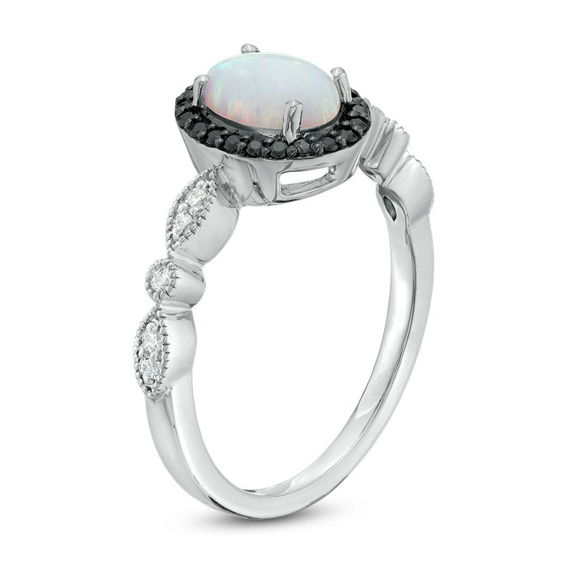 Oval Lab-Created Opal and 0.14 CT. T.W. Enhanced Black and White Diamond Frame Ring in Sterling Silver