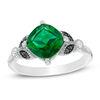 Thumbnail Image 1 of 8.0mm Cushion-Cut Lab-Created Emerald and 0.085 CT. T.W. Enhanced Black and White Diamond Leaves Ring in Sterling Silver