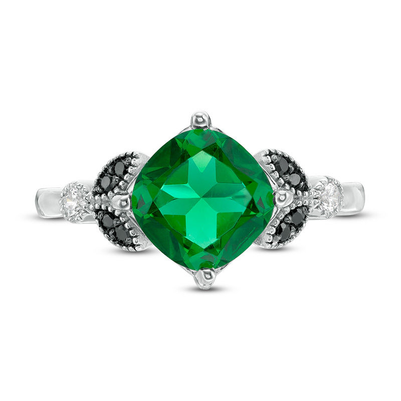 Main Image 4 of 8.0mm Cushion-Cut Lab-Created Emerald and 0.085 CT. T.W. Enhanced Black and White Diamond Leaves Ring in Sterling Silver