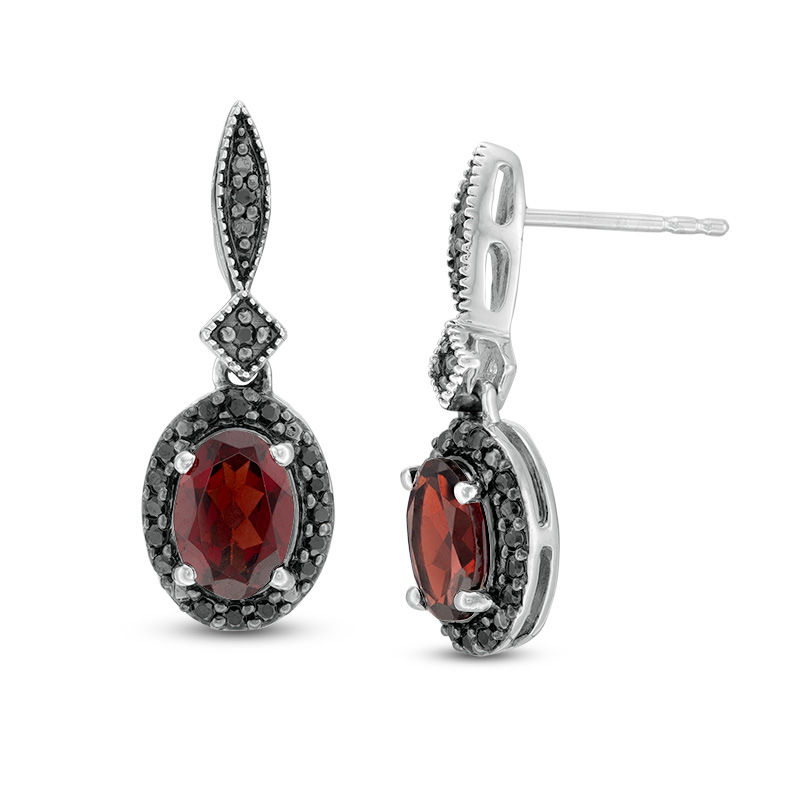 Main Image 1 of Oval Garnet and 0.18 CT. T.W. Black Diamond Vintage-Style Drop Earrings in Sterling Silver