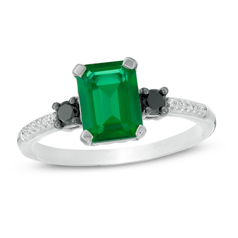 Emerald-Cut Lab-Created Emerald and 0.14 CT. T.W. Enhanced Black and White Diamond Ring in 10K White Gold