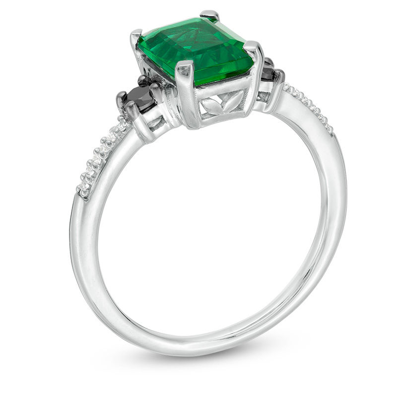 Emerald-Cut Lab-Created Emerald and 0.14 CT. T.W. Enhanced Black and White Diamond Ring in 10K White Gold