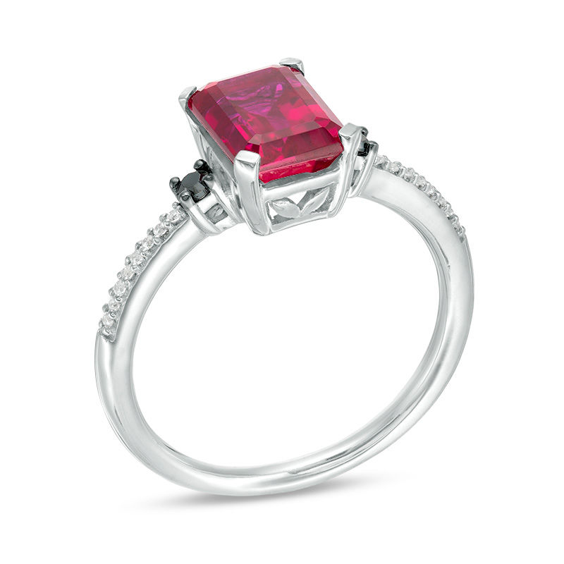 Main Image 2 of Emerald-Cut Lab-Created Ruby and 0.085 CT. T.W.  Black and White Diamond Ring in 10K White Gold