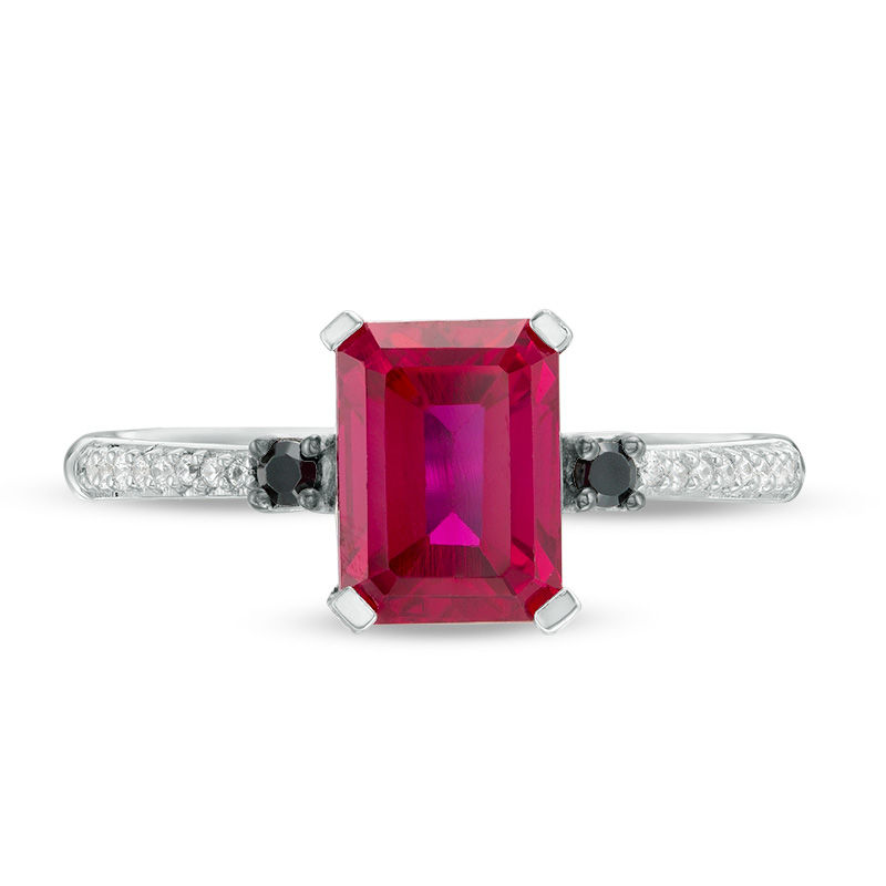 Main Image 3 of Emerald-Cut Lab-Created Ruby and 0.085 CT. T.W.  Black and White Diamond Ring in 10K White Gold