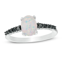 Oval Lab-Created Opal and 0.18 CT. T.W. Black Diamond Ring in Sterling Silver