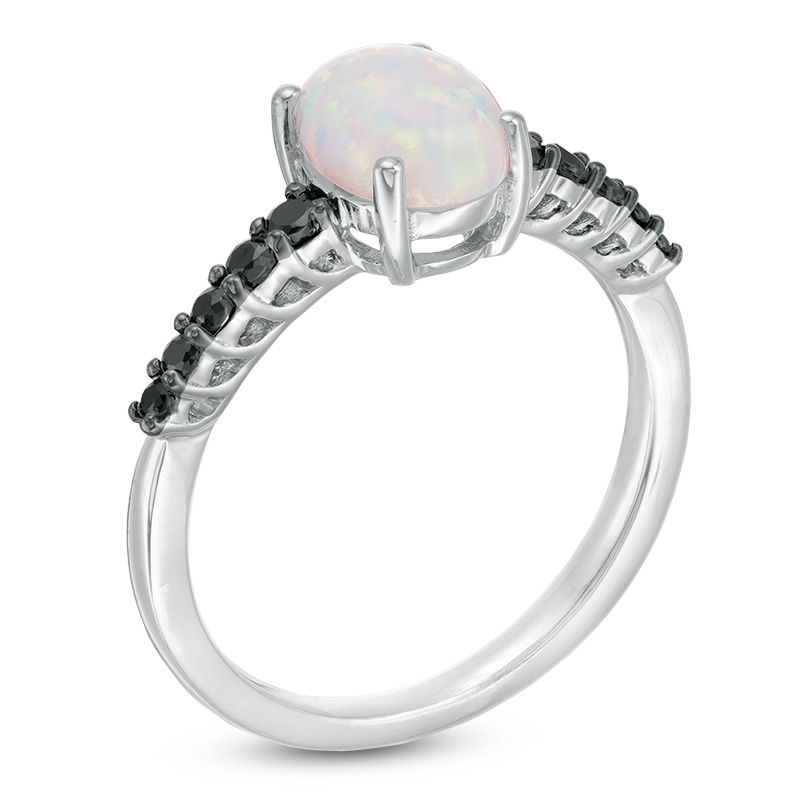 Main Image 3 of Oval Lab-Created Opal and 0.18 CT. T.W. Black Diamond Ring in Sterling Silver