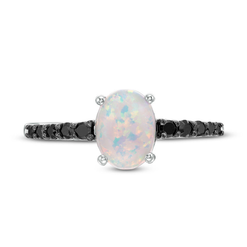 Oval Lab-Created Opal and 0.18 CT. T.W. Black Diamond Ring in Sterling Silver
