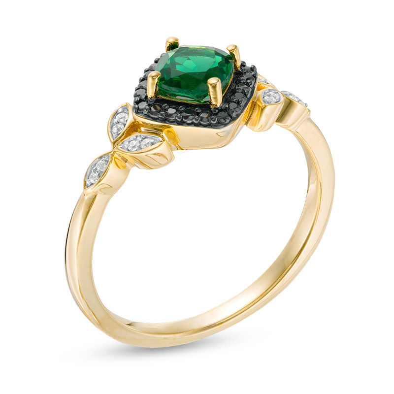 Main Image 2 of 5.0mm Cushion-Cut Lab-Created Emerald and 0.11 CT. T.W. Enhanced Black and White Diamond Leaves Ring in 10K Gold