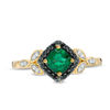 Thumbnail Image 3 of 5.0mm Cushion-Cut Lab-Created Emerald and 0.11 CT. T.W. Enhanced Black and White Diamond Leaves Ring in 10K Gold