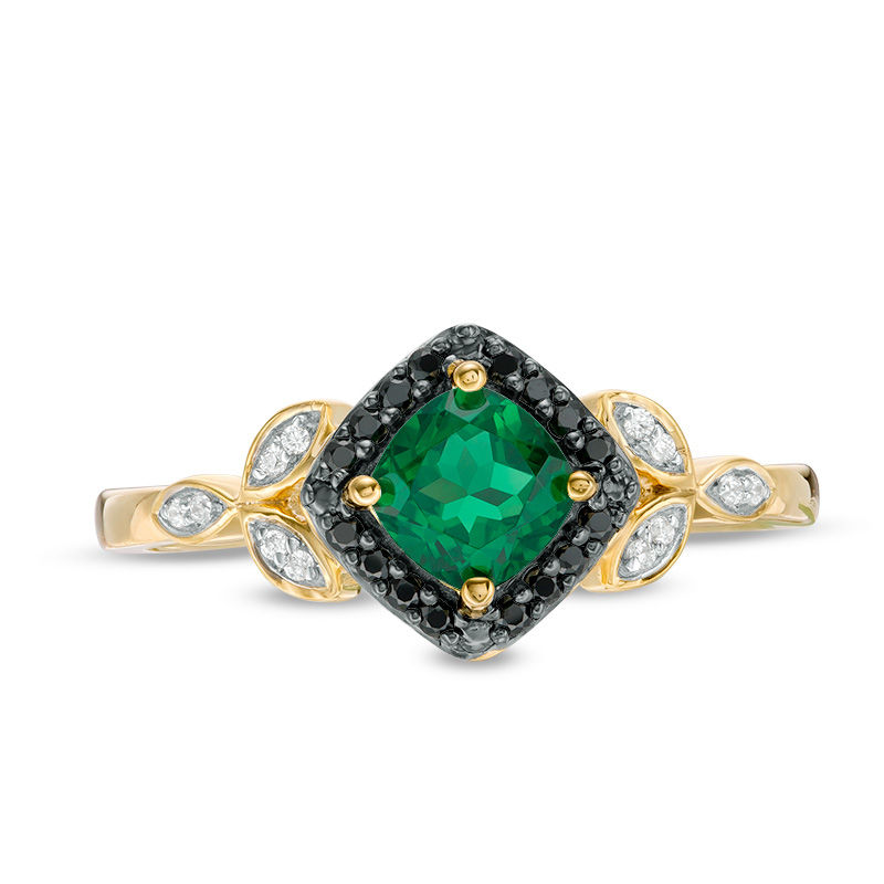 Main Image 3 of 5.0mm Cushion-Cut Lab-Created Emerald and 0.11 CT. T.W. Enhanced Black and White Diamond Leaves Ring in 10K Gold