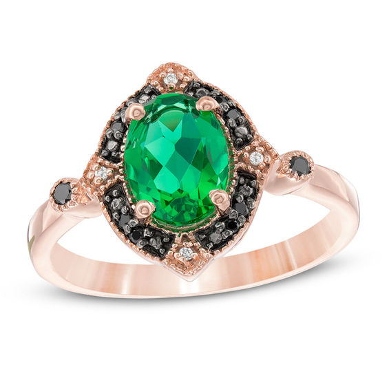 Oval Lab-Created Emerald and 0.065 CT. T.W.  Black and White Diamond Vintage-Style Ring in 10K Rose Gold