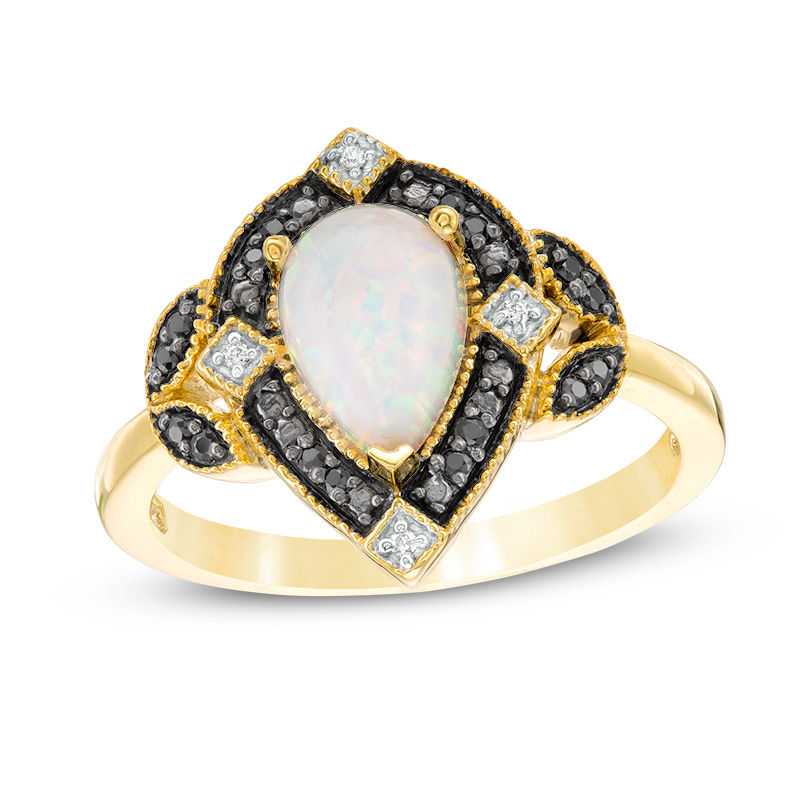 Pear-Shaped Lab-Created Opal and 0.085 CT. T.W. Enhanced Black and White Diamond Art Deco Frame Ring in 10K Gold