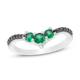 Lab-Created Emerald and 0.04 CT. T.W. Black Diamond Chevron Ring in Sterling Silver