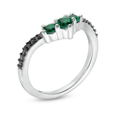 Lab-Created Emerald and 0.04 CT. T.W. Black Diamond Chevron Ring in Sterling Silver