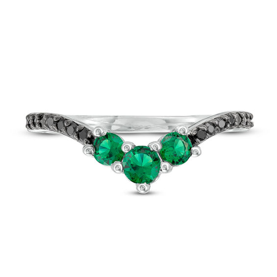 Lab-Created Emerald and 0.04 CT. T.W. Black Diamond Chevron Ring in Sterling Silver