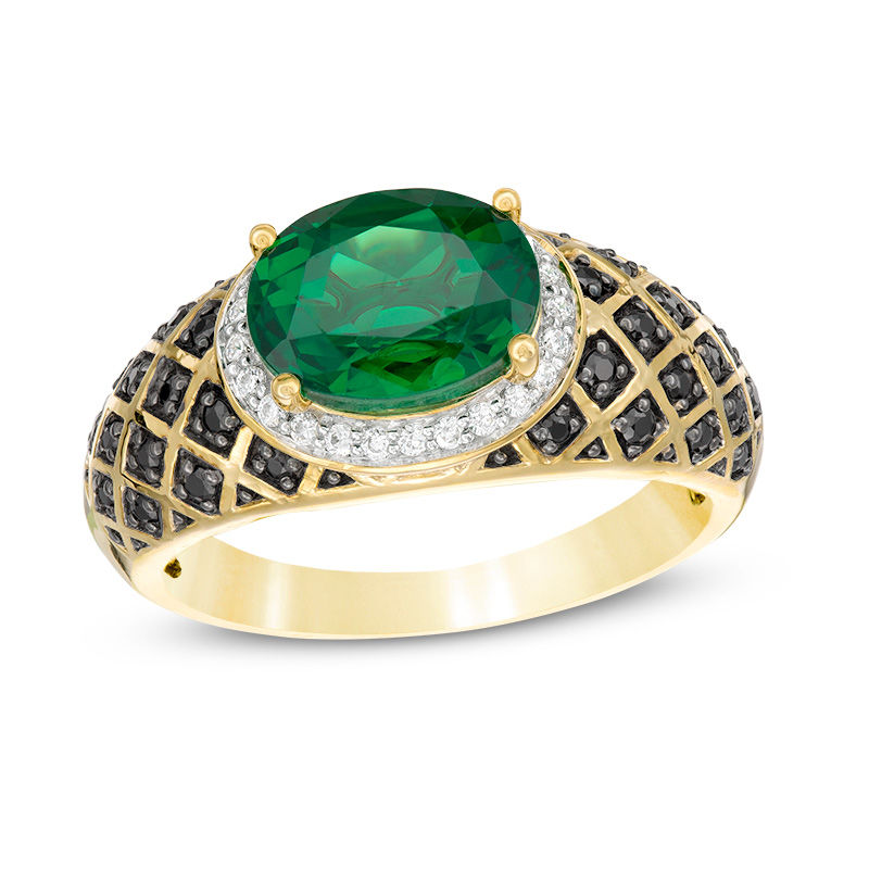 Sideways Oval Lab-Created Emerald and 0.29 CT. T.W. Enhanced Black and White Diamond Quilt Dome Ring in 10K Gold|Peoples Jewellers