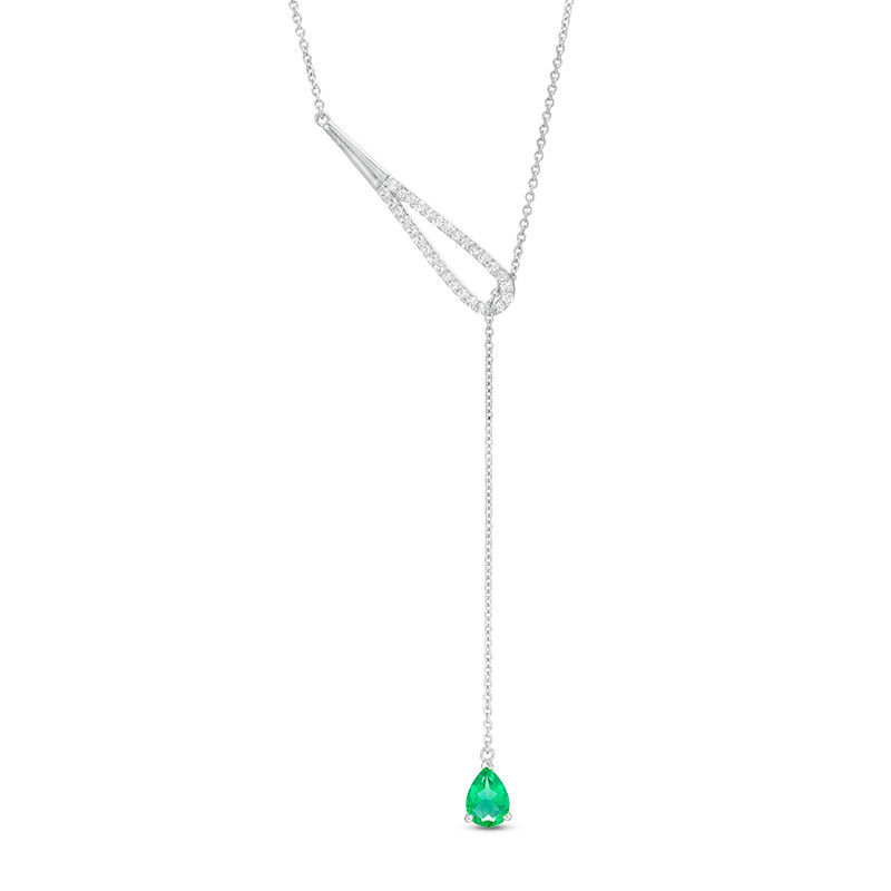 Pear-Shaped Lab-Created Emerald and White Sapphire Lariat Necklace in Sterling Silver 20"|Peoples Jewellers