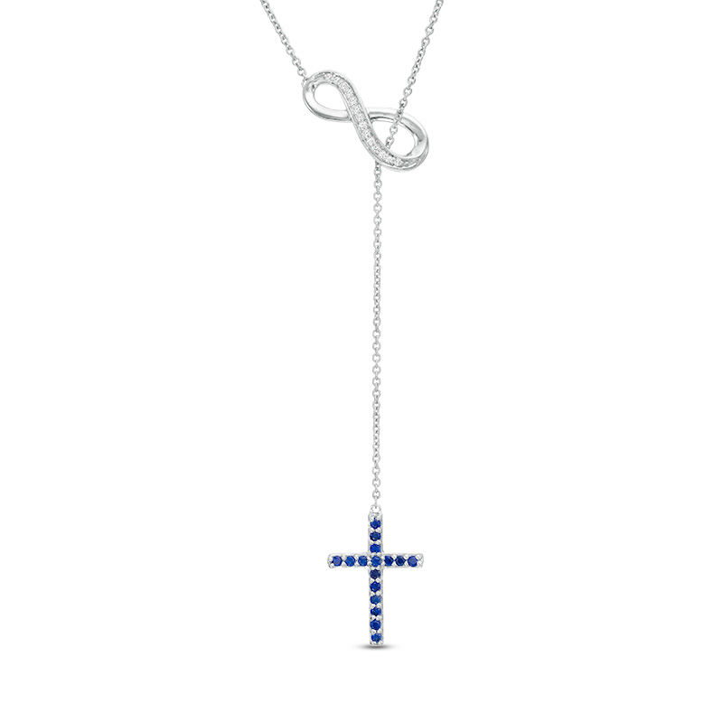 Lab-Created Blue and White Sapphire Cross and Infinity Lariat Necklace in Sterling Silver - 20"|Peoples Jewellers