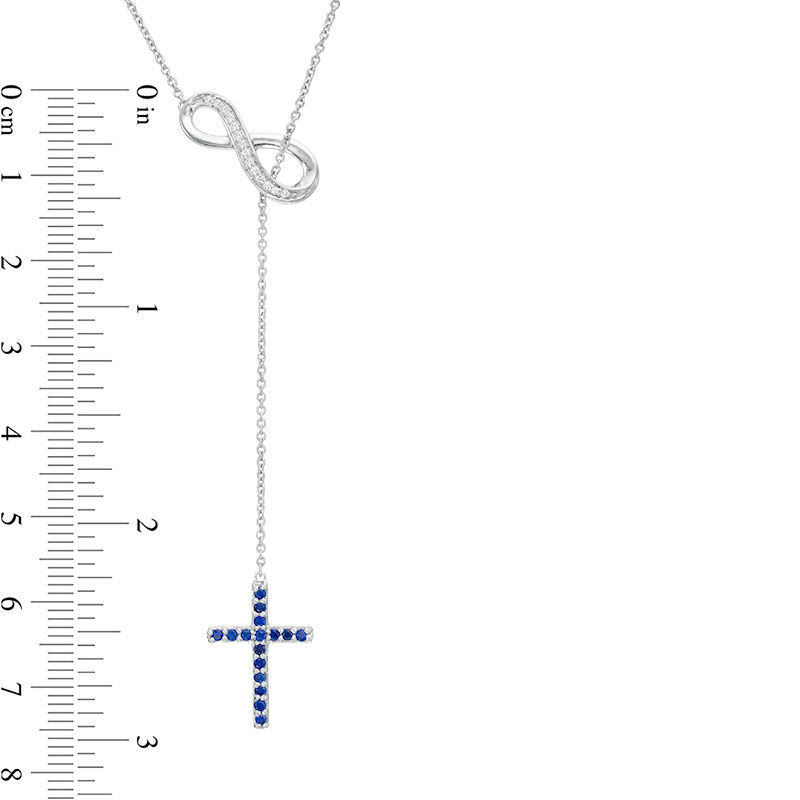 Lab-Created Blue and White Sapphire Cross and Infinity Lariat Necklace in Sterling Silver - 20"