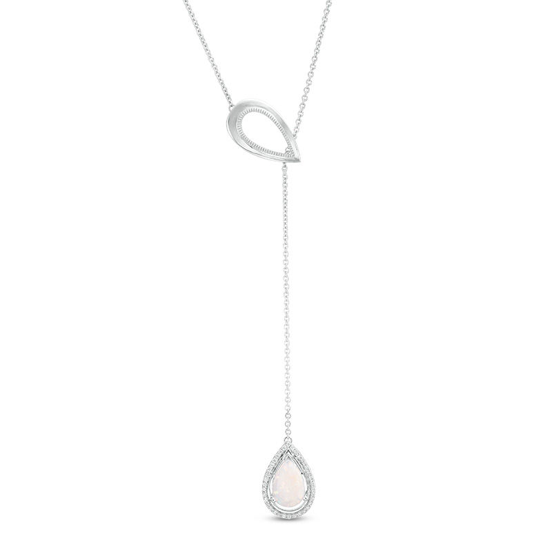 Pear-Shaped Lab-Created Opal and 0.086 CT. T.W. Diamond Double Teardrop Lariat Necklace in Sterling Silver - 20"|Peoples Jewellers