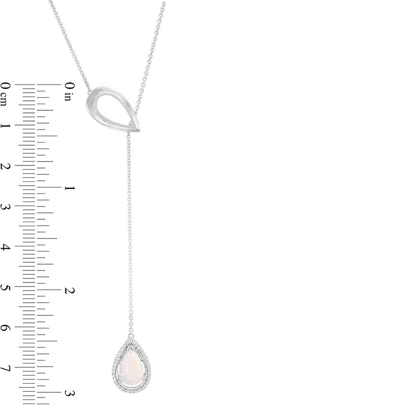 Main Image 2 of Pear-Shaped Lab-Created Opal and 0.086 CT. T.W. Diamond Double Teardrop Lariat Necklace in Sterling Silver - 20&quot;
