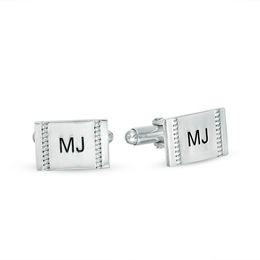 Men's Beaded Double Stripe Engravable Rectangle Cuff Links in Sterling Silver (1 Line)