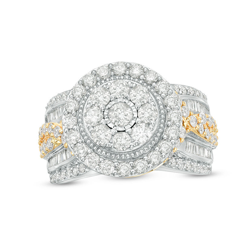 Main Image 1 of 2.00 CT. T.W. Diamond Double Frame Crossover Multi-Row Vintage-Style Engagement Ring in 14K Two-Tone Gold