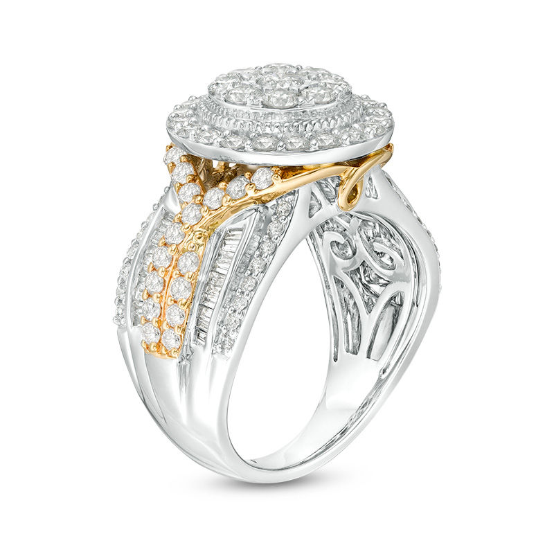 2.00 CT. T.W. Diamond Double Frame Crossover Multi-Row Vintage-Style Engagement Ring in 14K Two-Tone Gold