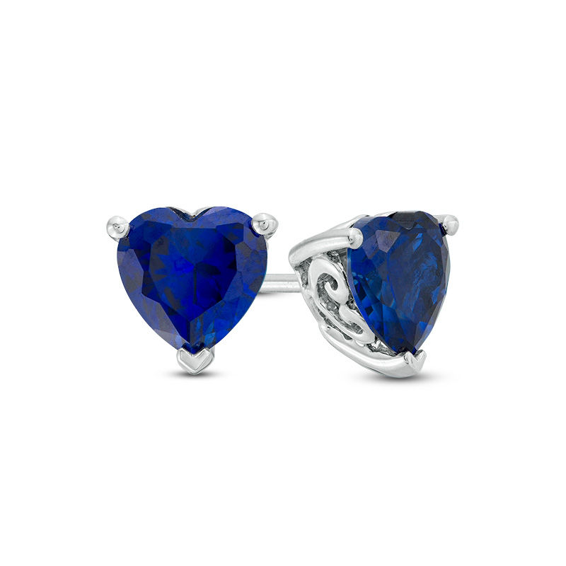 6.0mm Heart-Shaped Lab-Created Blue Sapphire Solitaire with Scroll Side Accents Stud Earrings in Sterling Silver