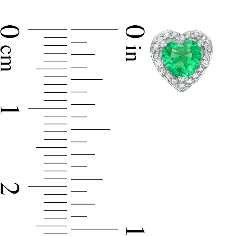 Main Image 3 of 5.0mm Heart-Shaped Lab-Created Emerald and Diamond Accent Bead Frame Stud Earrings in Sterling Silver