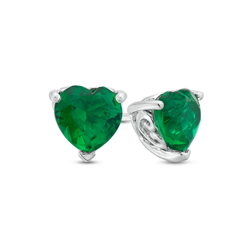 6.0mm Heart-Shaped Lab-Created Emerald Solitaire with Scroll Side Accents Stud Earrings in Sterling Silver