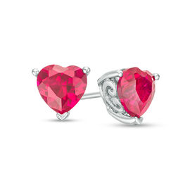 6.0mm Heart-Shaped Lab-Created Ruby Solitaire with Scroll Side Accents Stud Earrings in Sterling Silver