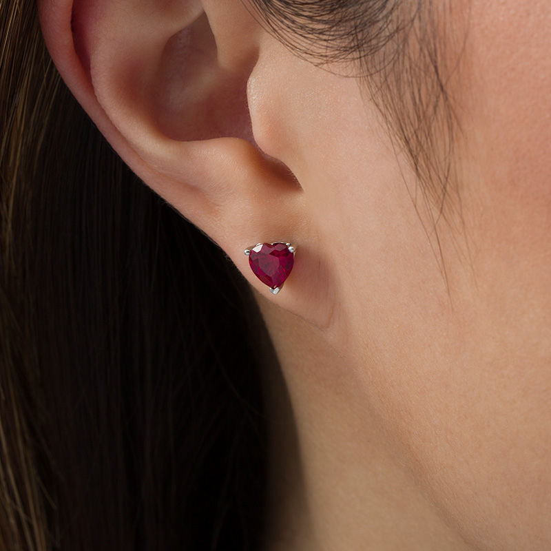 Main Image 2 of 6.0mm Heart-Shaped Lab-Created Ruby Solitaire with Scroll Side Accents Stud Earrings in Sterling Silver